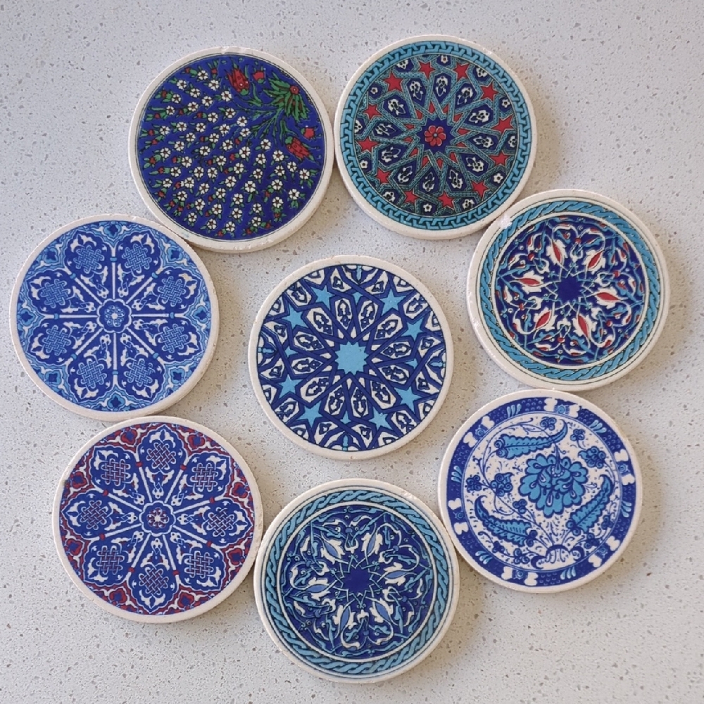 Blue and White Ceramic Set Of 8 Coasters - From Turkey